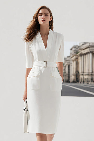 Robe de travail à demi-manches fourreau à col en V ivoire avec ceinture